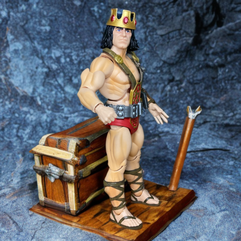 Super7 Kull the Conqueror action figure with neutral expression head, blue-black hair and stern kingly look.