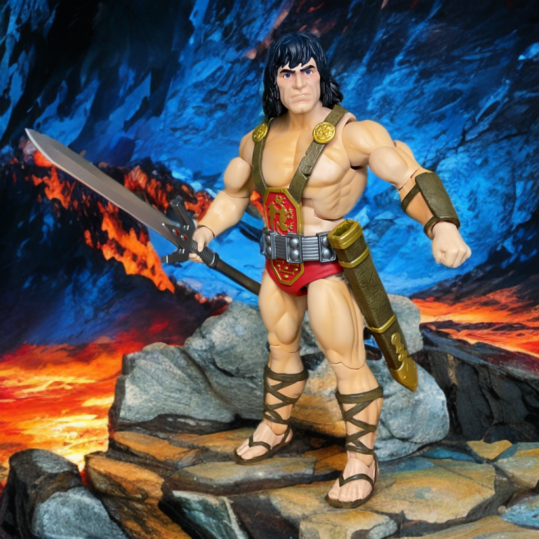 Super7 Ultimates Kull the Conqueror, showing detailed strapping and athletic build among molten lava.
