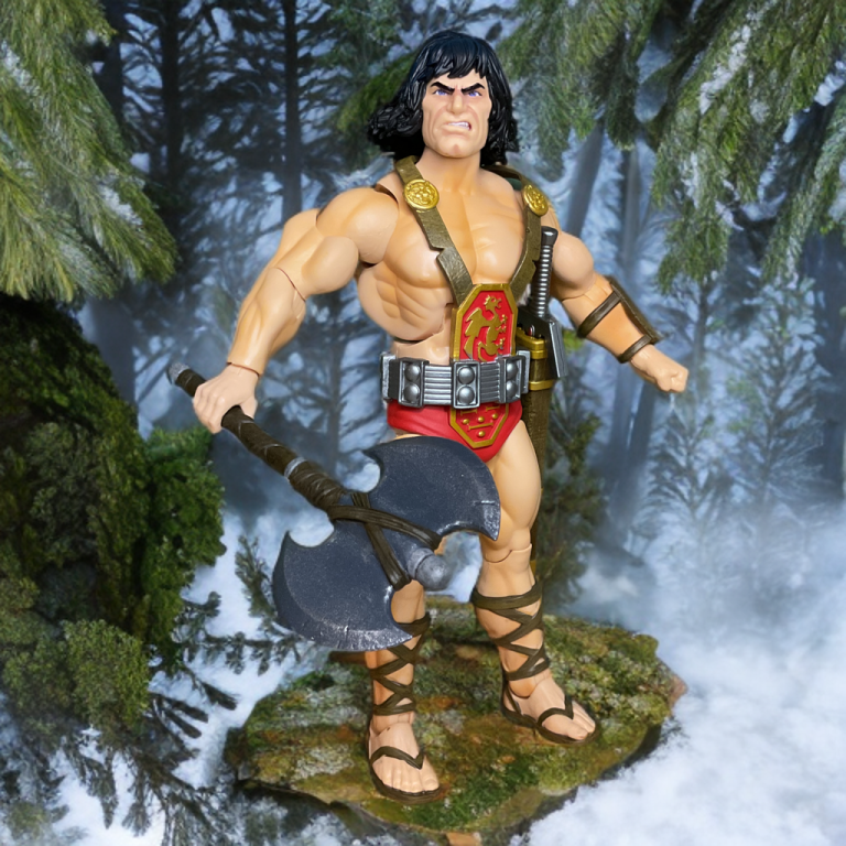 Close-up of Super7 Kull the Conqueror holding detailed battle axe, rugged barbarian weapon on collectible figure.