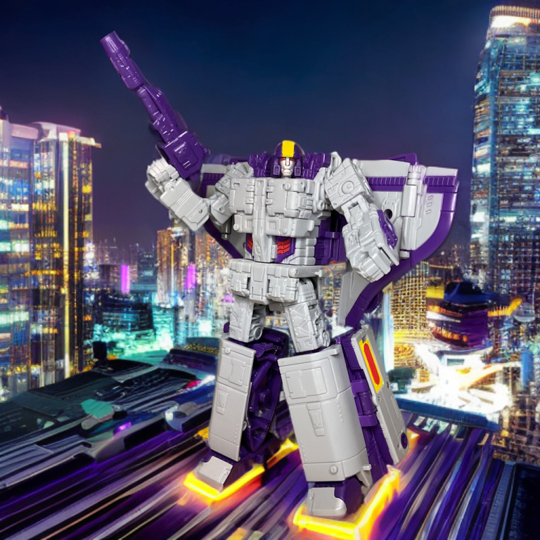 Astrotrain atop a futuristic skyscraper.