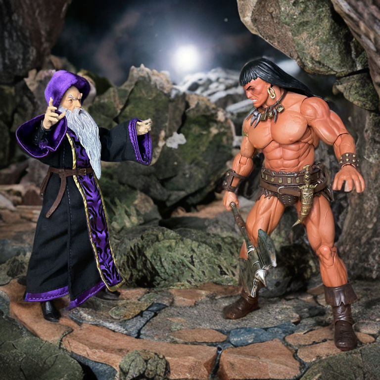 A 6.69-inch Conan the Barbarian action figure with muscular build, swappable heads, and battle axe, posed dynamically in Frazetta-inspired deluxe window box packaging.