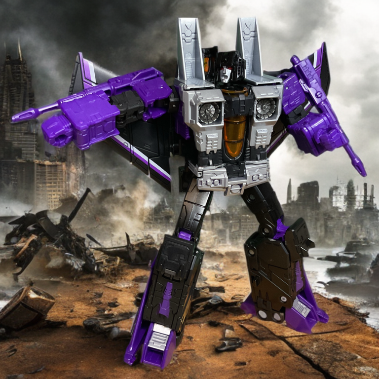 Skywarp among the city ruins.