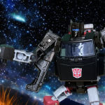 A close-up of Trailbreaker’s robot mode, angled to emphasize the visor-eyed head sculpt and black-and-red color scheme, with the shoulder blaster slightly adjusted forward to improve visibility, set against a Cybertronian battlefield backdrop.