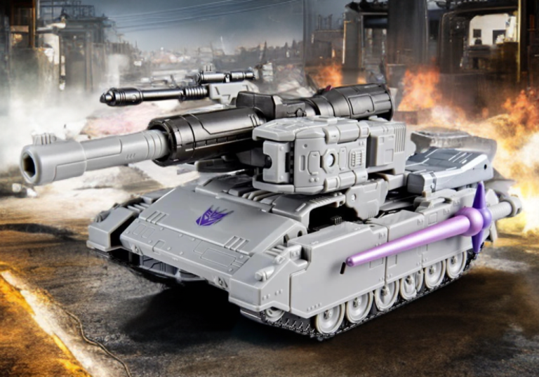 Transformers Megatron in vehicle mode as a futuristic purple/silver Cybertronian tank with treads, fusion cannon barrel, and back-mounted accessories.