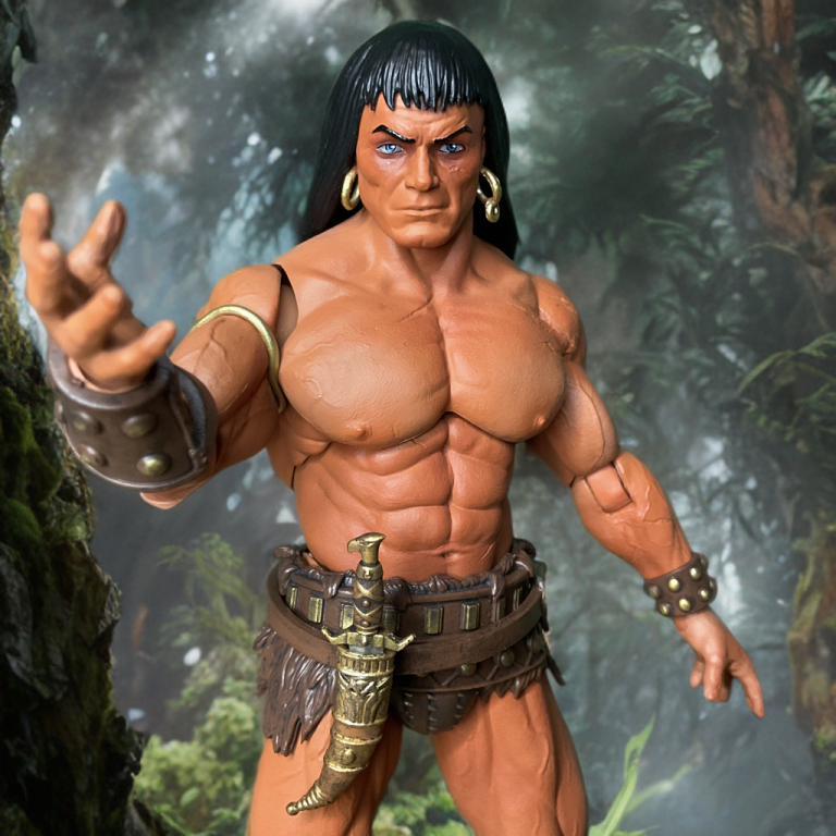 DJ Toys Exclusive Conan figure with alternate helmet, straight sword, and shield, presented in limited-edition box with unique Frazetta artwork.