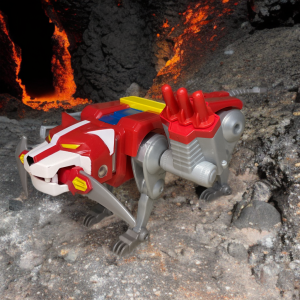 The Red Lion stands boldly against a fiery, volcanic background, showcasing its articulated legs and missile launcher in Playmates’ Voltron set.