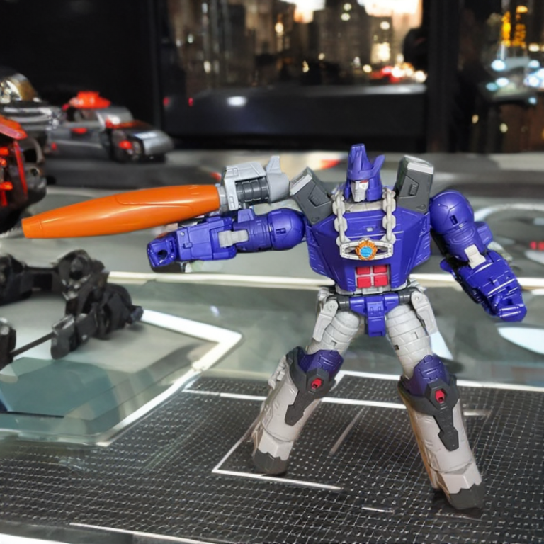 Galvatron in robot mode, aiming his orange Particle Cannon.