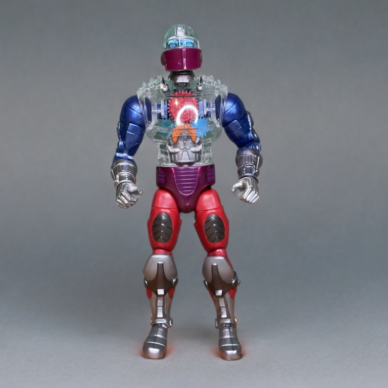 Masterverse Roboto: The Ultimate Action Figure for MOTU Fans A figura de ação New Eternia Roboto, com visor vermelho e braço blaster, está em uma pose pronta para o combate, exibindo seus 30 pontos de articulação e escultura detalhada, ao lado de sua embalagem com arte inspirada na tradição MOTU.