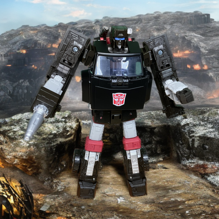 A dynamic pose of Trailbreaker wielding the canopy as a shield, with one arm carefully positioned to suggest stability, set in a futuristic Autobot base to distract from the recessed backpack gadgets.