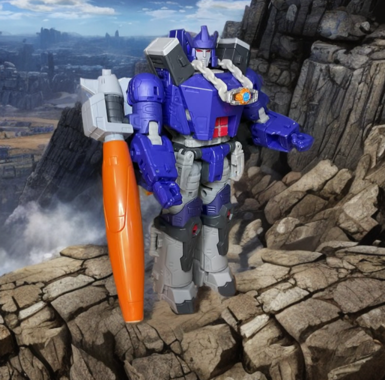 Studio Series 86-31 Leader Class Galvatron in robot mode, holding the Autobot Matrix of Leadership posed dynamically against a rocky background.