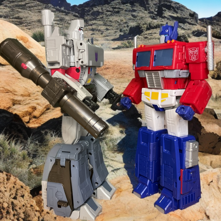 A display of the Studio Series 86-31 Optimus Prime with all accessories, including the ion blaster, energon axe, and trailer, arranged on a shelf.