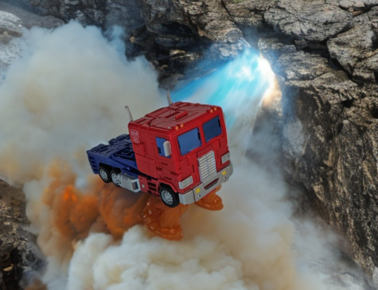 Optimus Prime from Studio Series 86-31 in truck mode, with a sleek red cab and silver trailer featuring Autobot logos, parked on a white surface.