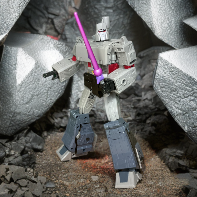 Studio Series Megatron action figure posed with extended saber in left hand, dynamic fighting stance, pinkish blade contrasting black body.