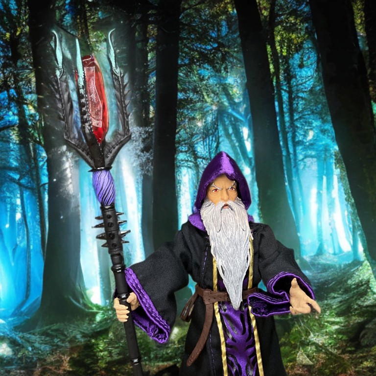Arrizak Actionfigur mit Stab und magischer Aura.