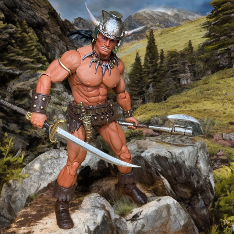 Conan the Barbarian figure with two portrait heads, arm bracers, and large battle axe, arranged in collector-friendly deluxe box with Frazetta artwork.
