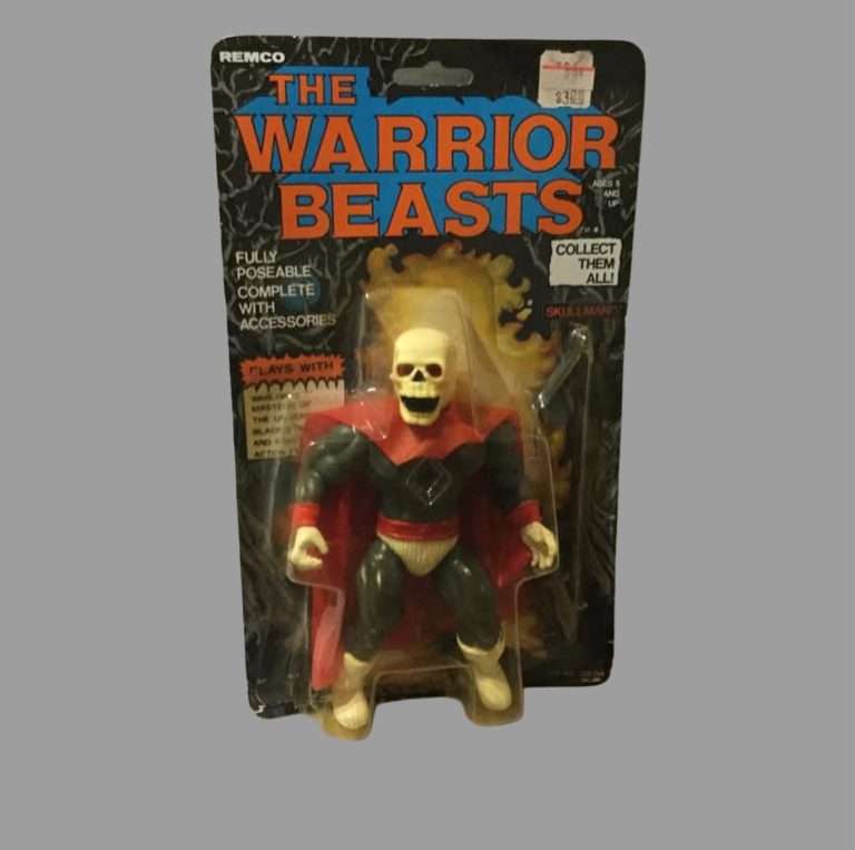 Image of Skull Man from the Warrior Beats toy line 1982 encased in its original packaging.