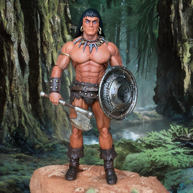 Front-facing Conan figure in 1:12 scale, showcasing muscular build, vibrant paint, and removable helmet, set in Frazetta-themed collector’s box.