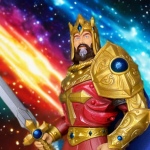 Die Masterverse New Eternia König Randor Figur in Aktion, mit einem kombinierten Zepter-Speer-Accessoire, in roter und blauer Rüstung und mit einem goldgekrönten Helm.