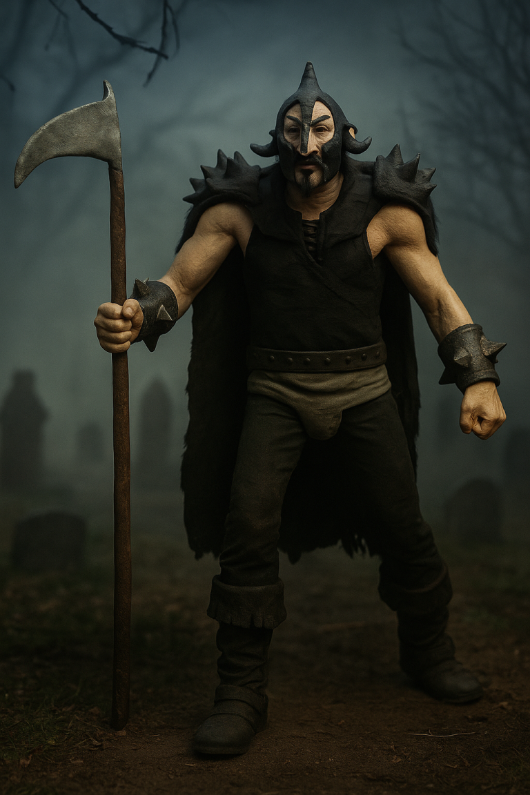 Full-body 3D digital render of Caine Reapis from Quest for Kimel Drago, featuring detailed armor and signature weapon.