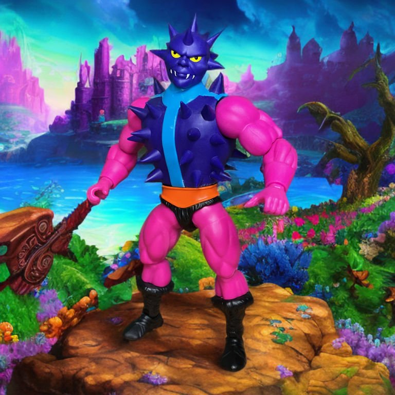 The 2024 MOTU Origins Cartoon Collection Spikor figure, with cartoon-accurate colors, removable head, and game pieces, set against a vibrant Eternian landscape.