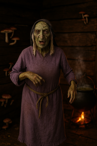 Cinematic digital render of Delilah the Witch in spell-casting pose.
