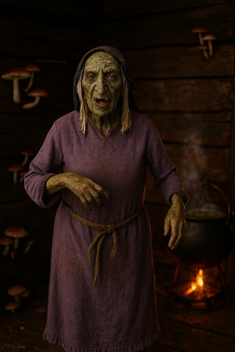 Cinematic digital render of Delilah the Witch in spell-casting pose.