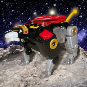 The Black Lion from Playmates’ Voltron 40th Anniversary set, posed against a starry space backdrop, highlighting its sleek design and glowing eyes.