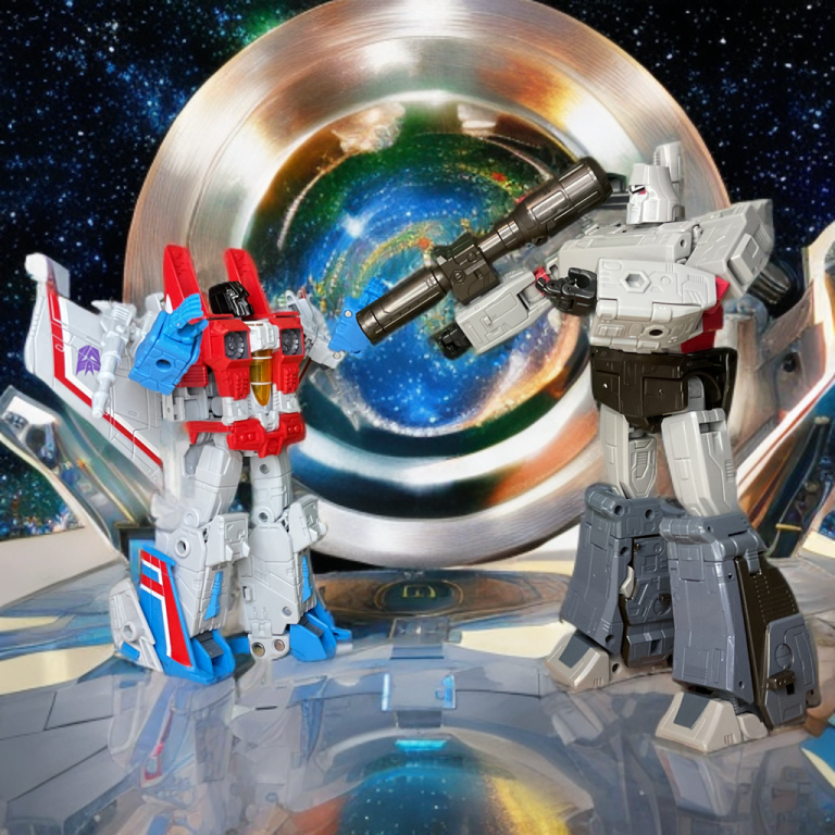Transformers Studio Series Leader Class Megatron standing tall next to Coronation Starscream figure, showcasing size difference and iconic Decepticon duo in robot modes against a display backdrop.