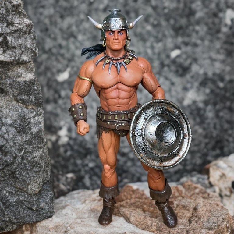 ICON Collectibles’ 1:12 scale Conan figure in battle stance, holding a shield and dagger, with vibrant paint and 32 points of articulation displayed.