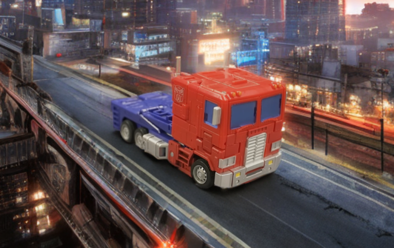 The 86-31 Optimus Prime figure posed dynamically in truck mode with G1-inspired red, blue, and silver design.