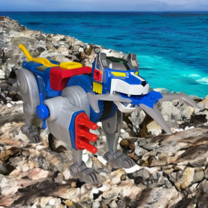The Blue Lion is displayed against a serene ocean backdrop, its sleek form and open jaw detailed in Playmates’ 40th Anniversary set.