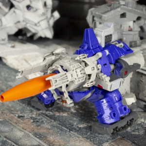 Galvatron in his galactic cannon mode, displayed against a Cybertronian background.