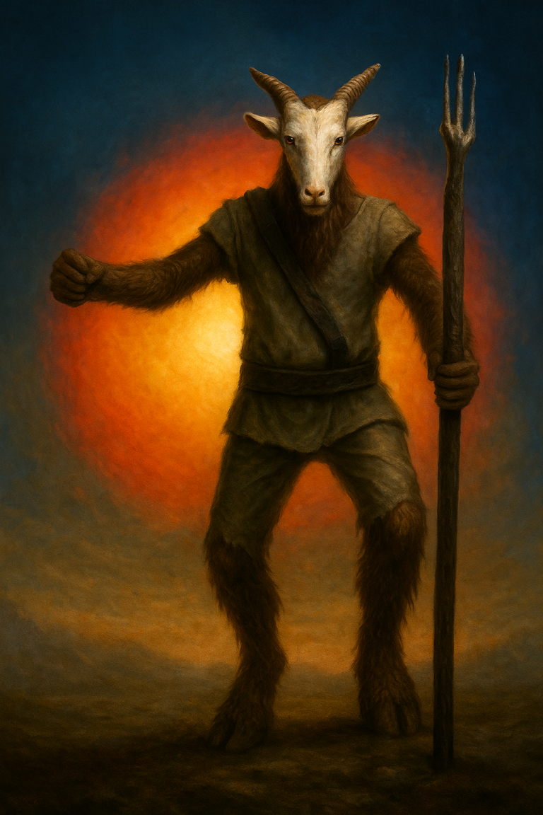 3D digital render of the Weregoat, a caprine-humanoid hybrid character for the Quest for Kimel Drago series.