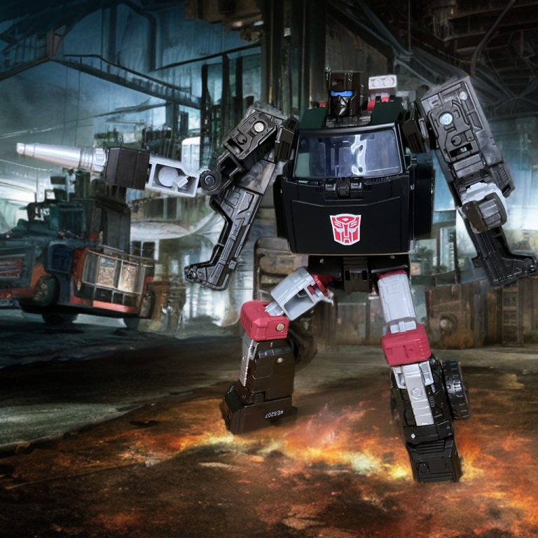 A side profile of Trailbreaker’s robot mode, showcasing the articulation of the legs and arms, with a transparent overlay highlighting the shoulder blaster and Force Field Generator to address their poor visibility.