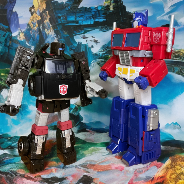 A group shot of Trailbreaker with other Earthrise Autobots, connected via the A.I.R. Lock system, focusing on the camper mode’s compatibility, with the backpack angled to partially reveal the gadgets.