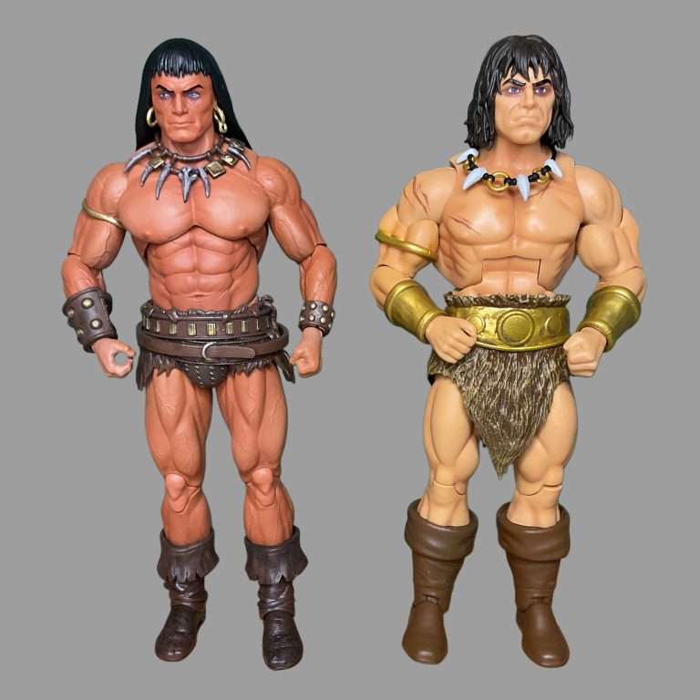 Conan the Barbarian action figure compared with Super7 version, highlighting 32-point articulation and detailed sculpt in deluxe packaging.
