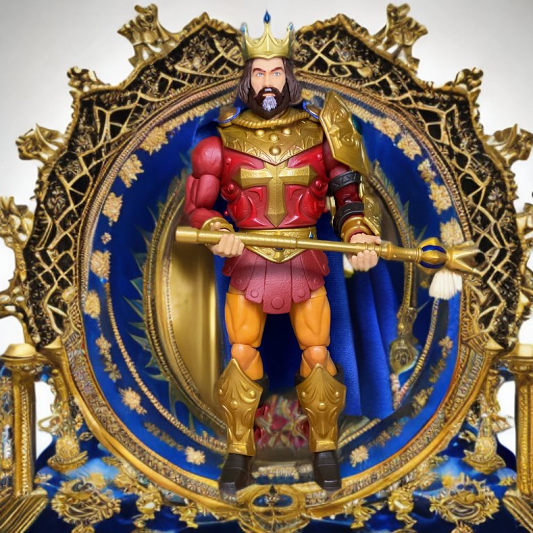 König Randor Actionfigur aus dem Masterverse New Eternia mit lebendigem Artwork und der Figur in königsblauer und goldener Rüstung.