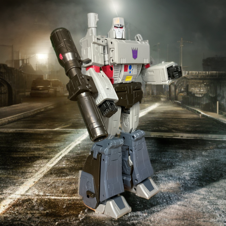 Close-up detail of Studio Series Leader Megatron's right arm with attached silver fusion cannon accessory, red highlights and mechanical textures visible.