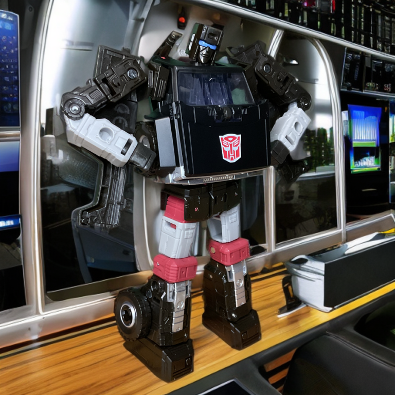 Trailbreaker transforming mid-sequence, with the camper’s front unfolding, emphasizing the transformation mechanics while subtly reinforcing the arm joints to counter fragility concerns, set against a neutral grey background.