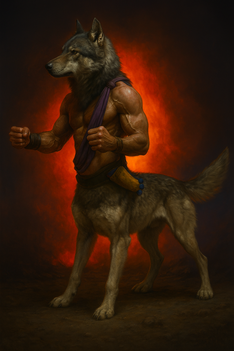 Cinematic 3D render of Lupus Warwulf, a werewolf-inspired fantasy action figure design for Quest for Kimel Drago.