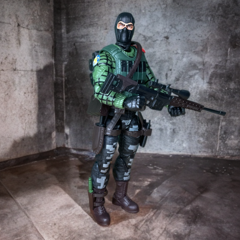 Beach Head em seu traje tático preto e cinza da Night Force, segurando um rifle, posado dentro de um prédio abandonado.