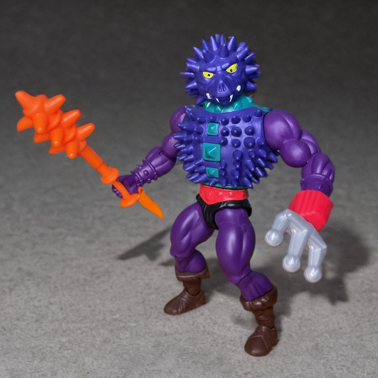 A 2023 MOTU Origins Spikor figure, featuring 16 points of articulation and a retro purple design, displayed with a mini-comic and trident accessory on a collector’s shelf.
