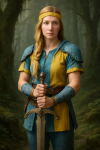 Full-body digital render of Anahita Azar in ceremonial combat armor.