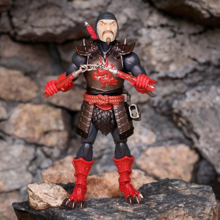 Ninjor wearing its stylized alternate mask, highlighting the metallic red eyes and silver claw-like boots, posed against an Eternian-themed background.