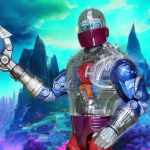 MOTU Masterverse Roboto: Nostalgia Meets Modern Craftsmanship
The New Eternia Roboto figure, featuring a transparent torso with intricate internal mechanics, a red vintage-inspired visor, and a spinning mace attachment, is displayed in front of Mystic mountains.