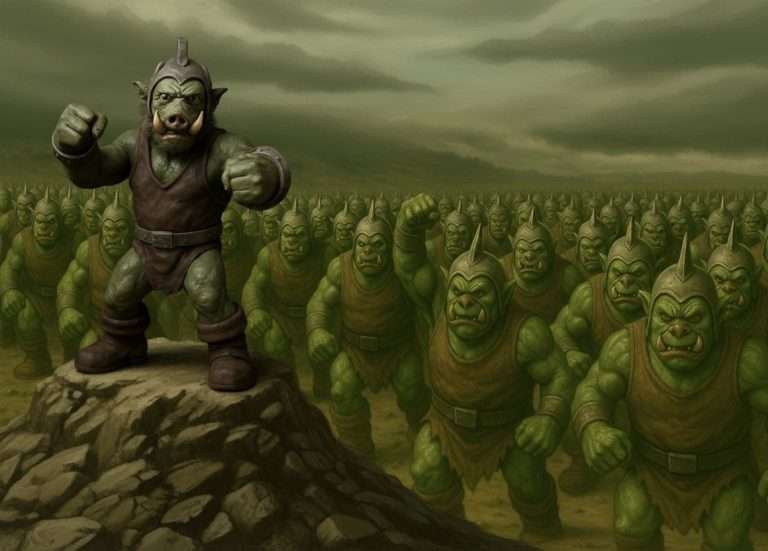 Gulik Horridus, illuminated by firelight, leads his Troglodytarum horde through a burning Gorblagonn grove, with smoke rising over the Hills of Serifornum.