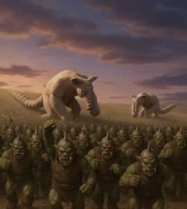 A scene of the Hills of Serifornum battle, showing a towering Gorblagonn giant swinging its spiked tail as Troglodytarum warriors swarm with poisoned blades.