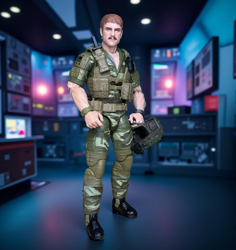 Figura G.I. Joe #156 Footloose con parche de trébol, camuflaje y equipo, posando en el centro de mando.