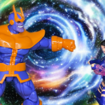 Thanos and Psylocke in nebula vortex.