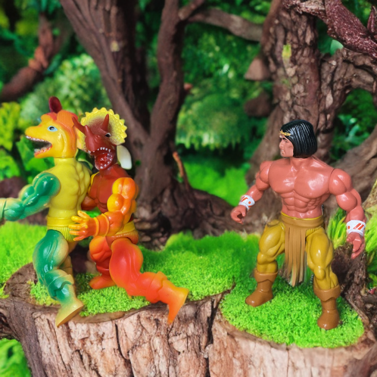 Defeat and retreat: Gauna and Zardus fleeing atop a tree stump, with victorious Arak looming in the prehistoric backdrop.
